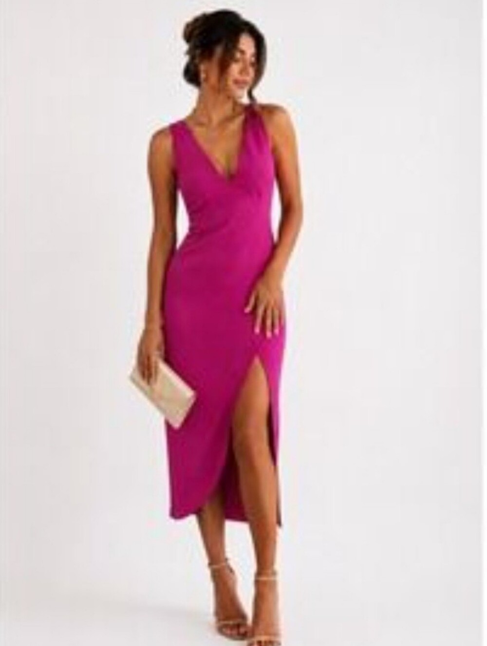 Abercrombie & Fitch Magenta V-Neck Midi Dress with Side Slit